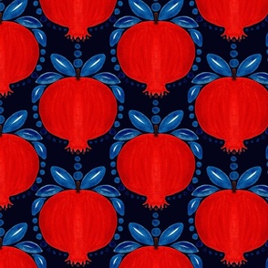Folksy Pomegranates design in bold bright red and blue colors on dark navy  background, hand painted in watercolors