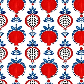 Folksy pomegranates fruits, splits and leafy branches, hand painted in watercolor scandi cute design in red blue black and white colors