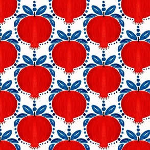 Folksy Pomegranates design in bold bright red and blue colors on white background, hand painted in watercolors