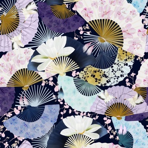 Japanese Folding Fan and Blossoms  in Dark Blue Lavender Pink
