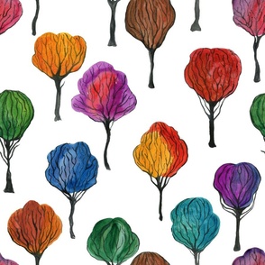 Cute rainbow colorful trees on white background, hand painted in watercolor design