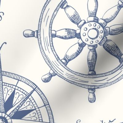 Vintage Nautical Navigation Tools: Ship Captain's Wheel and Compass - Jumbo Size, Blue Nova on Cream