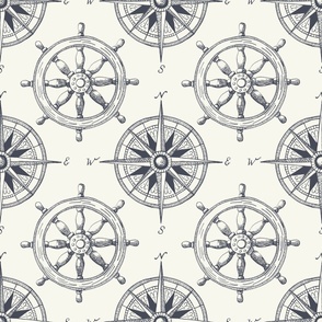 Vintage Nautical Navigation Tools: Ship Captain's Wheel and Compass - Jumbo Size, Dark Grey on Cream