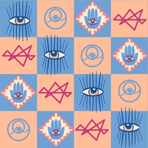 Large Pantone Peach Vintage Retro Checkers with Mystic Eyes and Celestial Hamsa Hand Money Manifestation Whimsigoth Checkerboard