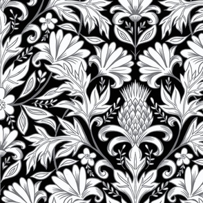 William Morris inspired botanical black and white wallpaper scale