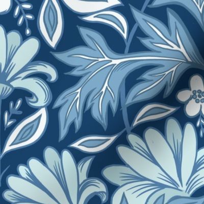 William Morris inspired botanical blue and white wallpaper scale