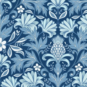 William Morris inspired botanical blue and white wallpaper scale