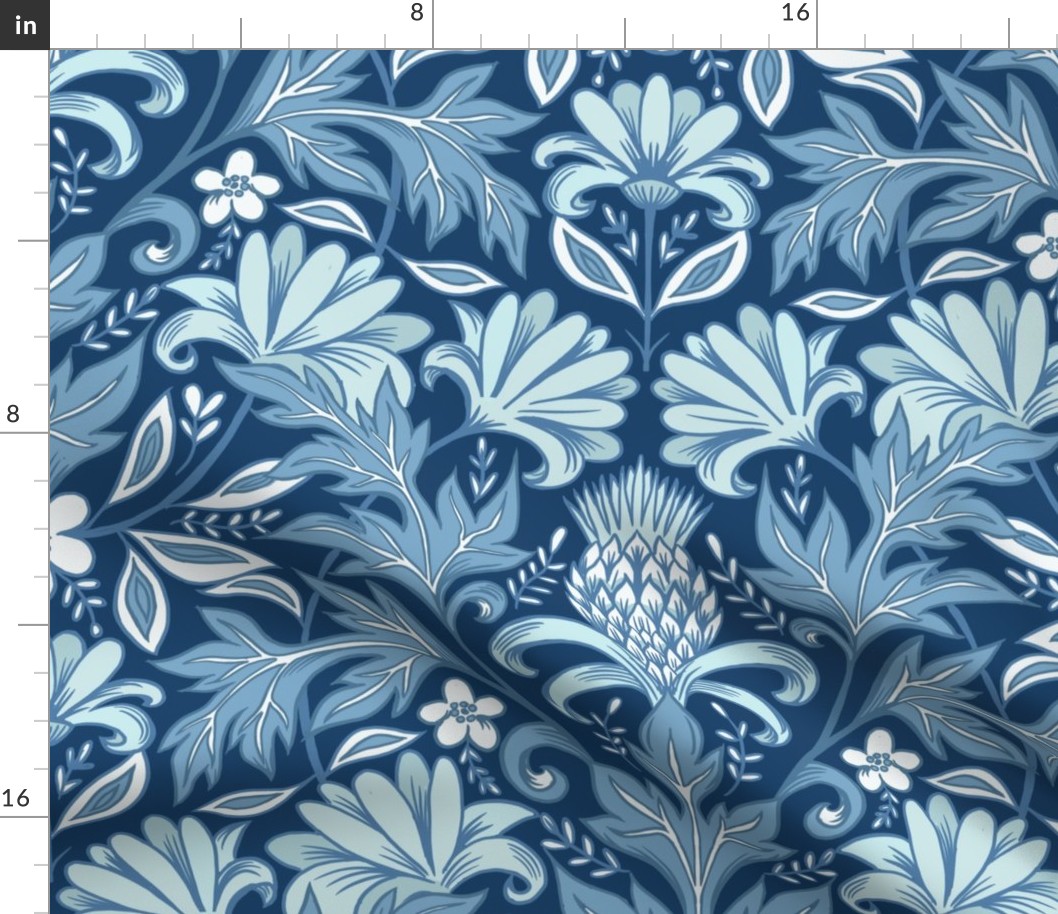 William Morris inspired botanical blue and white wallpaper scale