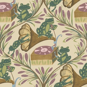 Seamless pattern with frogs, gramophones and cattails on a yellow background. 