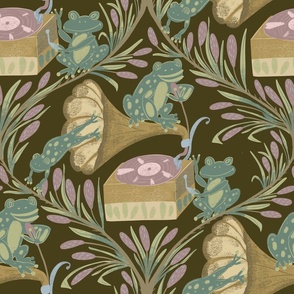 Seamless pattern with frogs, gramophones and cattails on a brown background