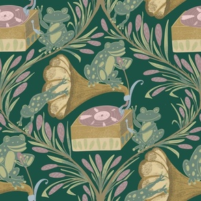 Seamless pattern with frogs, gramophones and cattails on a green background