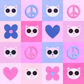 80s 90s style peace sign cats with hearts and flowers on square tile background - bright pink, blue