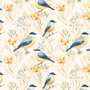 Mellow Meadow - Soft Pastel Bird and Floral Fabric Design