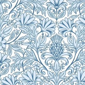 William Morris inspired botanical blue on white wallpaper scale