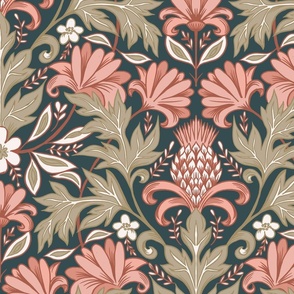 William Morris inspired botanical coral tan wallpaper scale