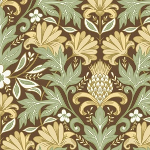 William Morris inspired botanical cream green wallpaper scale