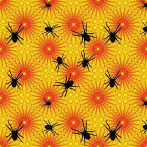 Spiders Family Lace Web, red on yellow