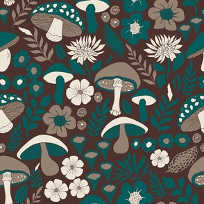 Forest mushrooms in green and brown - Large scale 