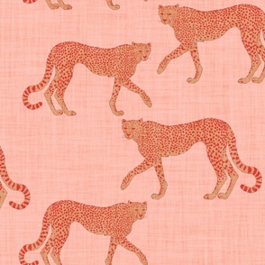 Peach fuzz and salmon orange handpainted cheetahs on peach with linen texture (large scale)