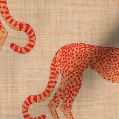 Orange handpainted cheetahs on beige with linen texture (large  scale)