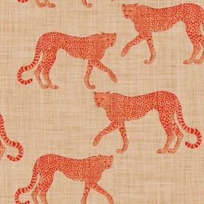 Orange handpainted cheetahs on beige with linen texture (large  scale)
