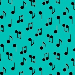 270 - Small scale turquoise and black tossed non directional musical notes for cushions, apparel, and home decor