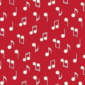 270 - Small scale red and white tossed non directional musical notes for cushions, apparel, and home decor