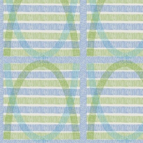 Abstracted Basket Weave with overlapping ovals and stripes in blue and  green (L)
