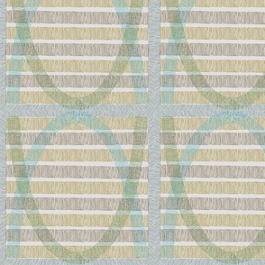 Abstracted Basket Weave with overlapping ovals and stripes in khaki and turquoise (L)