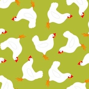 white chickens on green background 12