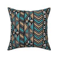Mudcloth Inspired Chevrons and Cowrie Shells in Turquoise Blue and Beige