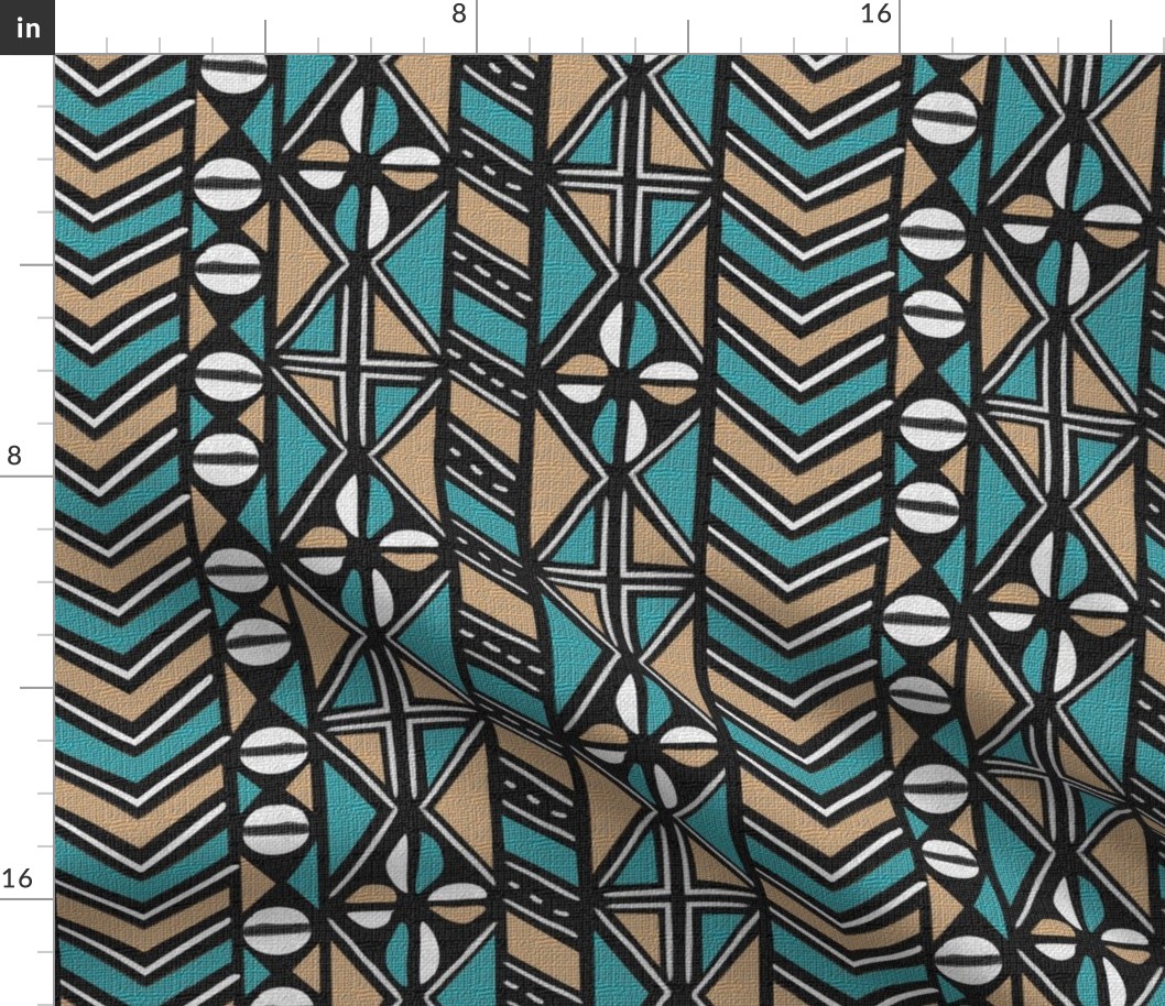 Mudcloth Inspired Chevrons and Cowrie Shells in Turquoise Blue and Beige