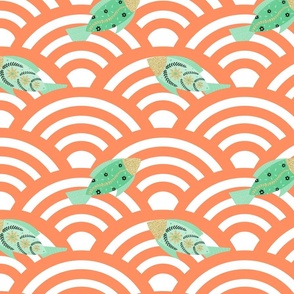 Green fishes in orange and white Japanese waves