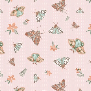12" Watercolor butterfly moths and florals  non directional, tossed insects in  pastel background, sage green, pink, and coral