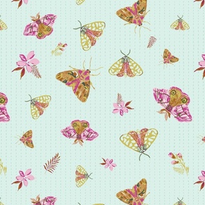 12" Watercolor butterfly moths and florals  non directional, tossed insects in mint background, hot pink and gold