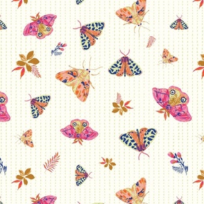 12" Watercolor butterfly moths and florals  non directional, tossed insects in cream background, hot pink and blue