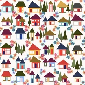 Medium scale blue, orange, mustard and green tiny town houses in a lively urban village, with pine trees and flowers.  For kids wallpaper, curtains, upholstery, teacher projects and gifts.