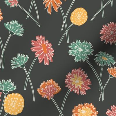 292 - Large scale sweet dandelion wild flowers in golden yellow, mango coral and teal, organic hand drawn lines - for curtains, wallpaper, tablecloths, pillows and upholstery.