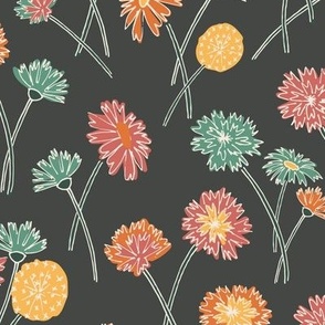 292 - Large scale sweet dandelion wild flowers in golden yellow, mango coral and teal, organic hand drawn lines - for curtains, wallpaper, tablecloths, pillows and upholstery.