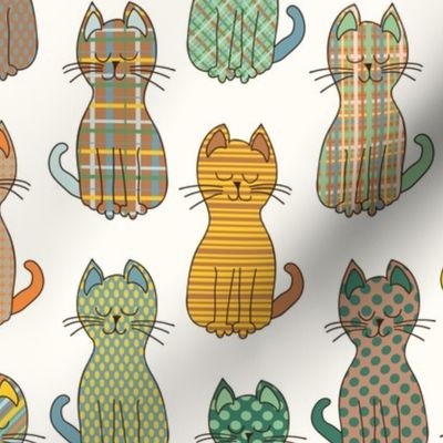 466 - Medium scale cool kitty cats in citrus lemon yellow, green and orange in vertical rows with stripes, plaids and polka dots - for nursery wallpaper, baby accessories and children's décor and apparel.