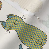 466 - Medium scale cool kitty cats in citrus lemon yellow, green and orange in vertical rows with stripes, plaids and polka dots - for nursery wallpaper, baby accessories and children's décor and apparel.