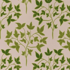 Traditional Pattern of Modern Leaves on Branches, Green and Peach - Medium