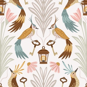 Welcoming bird damask - long-tailed exotic birds on keys and streetlamps - large scale