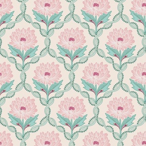 Delightful decorative trellis pattern with soft pink graphical peony flowers - small.