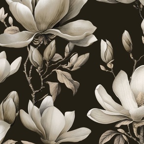 Magnolia Spring Romance Monochrome Ivory Grey Large Scale