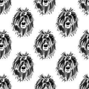 Sheepdog portrait in black and white, hand drawn in black cute sheep dog hairy doodled face repeating pattern design