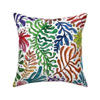 Seaweed and Corals, marine  aquatic watercolor hand painted artsy painterly underwater coral reefs seagrass in rainbow colors on white background