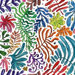 Seaweed and Corals, marine  aquatic watercolor hand painted artsy painterly underwater coral reefs seagrass in rainbow colors on white background