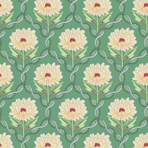 Graphical peony flowers on dark green decorative diagonal grid - small.