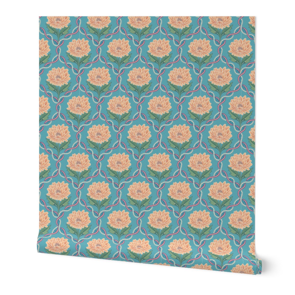Decorative trellis on textural background with graphical peony flowers- small .